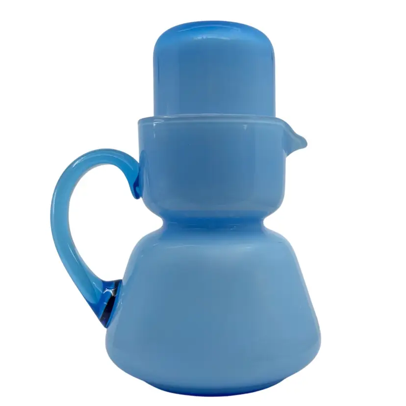 Vintage 1960s Carlo Moretti Murano Blue Cased Glass Bedside Tumble-Up Carafe Set
7.25” T x 5.5” W