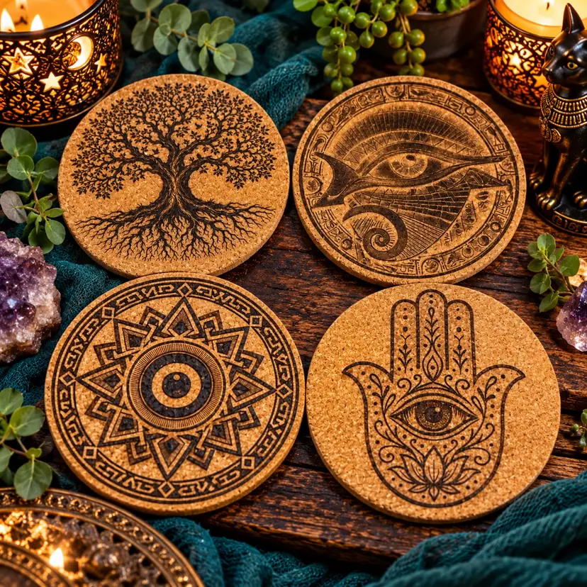 Mystical Symbols Cork Coaster Set of 4 – Tree of Life, Eye of Horus, Hamsa Hand & Sacred Geometric Eye Designs