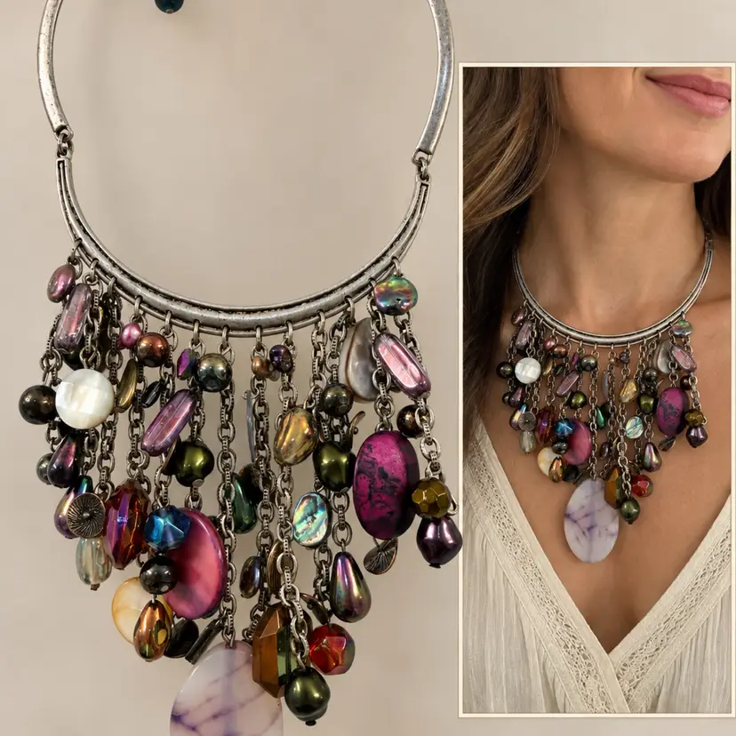 Vintage 1990’s Chico’s Bib Statement Chunky Silver Necklace Beautiful Boho