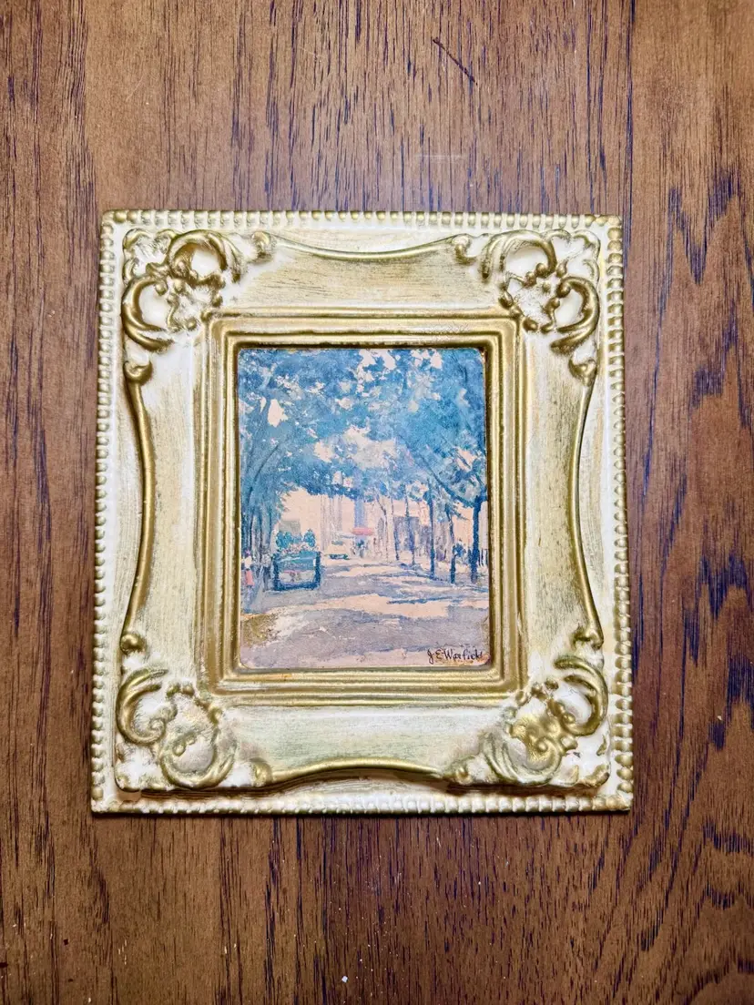😻 J.E. Warfield Signed Street Scene Print – Ornate Gold & Ivory Frame – 8.5”