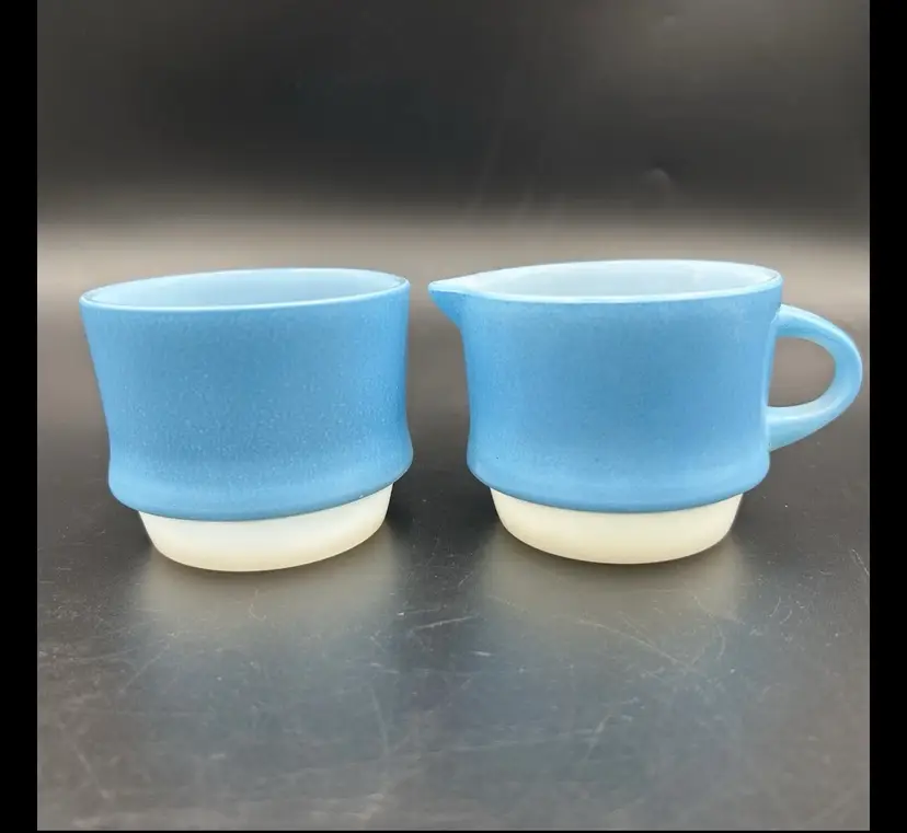 Fire King Mosaic Blue Creamer Sugar Stacking Set Anchor Hocking MCM Blue USA