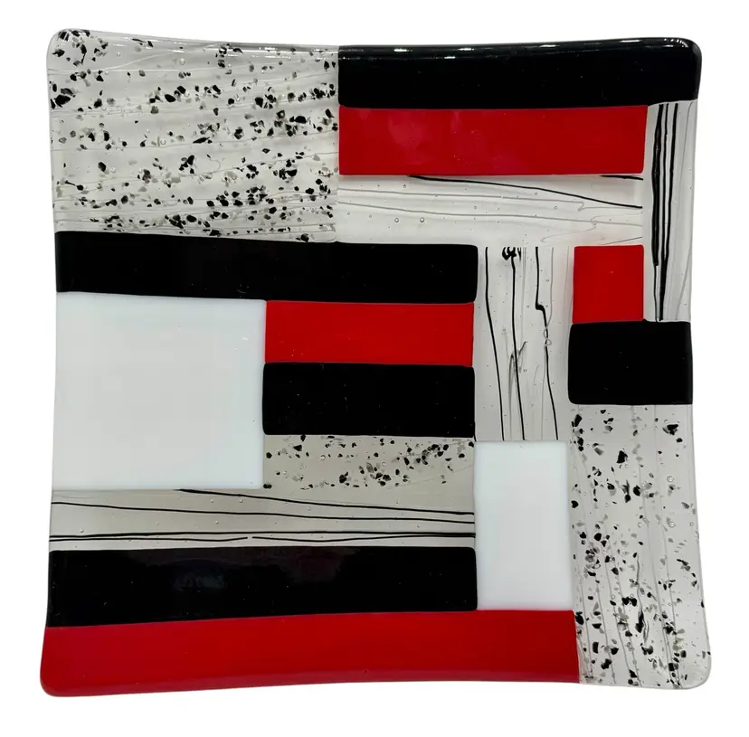 Signed Kristen Campbell Fused Studio Art Glass Plate Red White Black Clear 2011