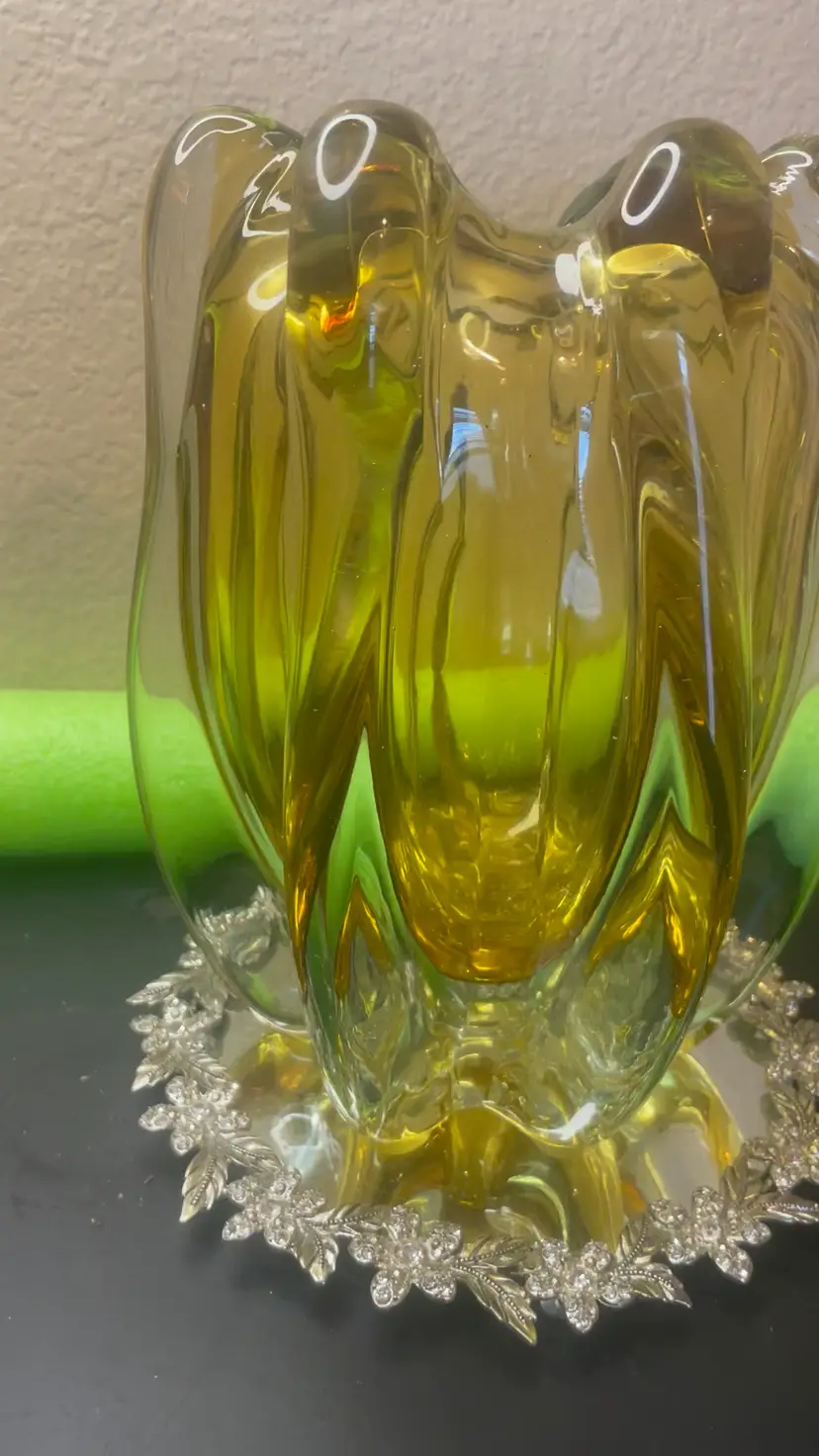 1960 Stunning 9” large Bohemian glass vase designed by Josef Hospodka for Chrisbka Glaswerke Czech Republic w/ organic multi-lobed or "cat's head" molded art glass form.