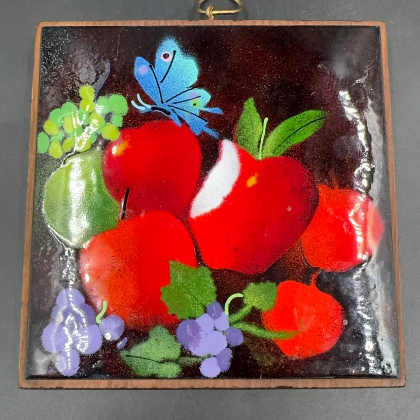 Vintage Fruit Copper Enamel On A Wood Trivet