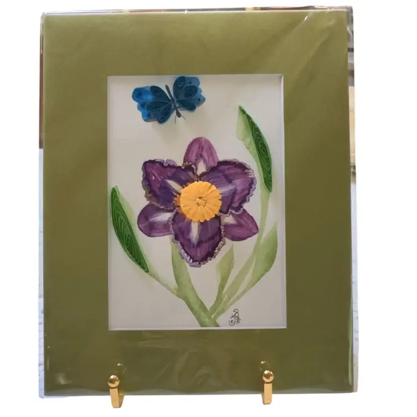 Original Watercolor Purple Flower With Quilled Butterfly And Leaves  5 X 7” In 8 X 10” Light Green Matte