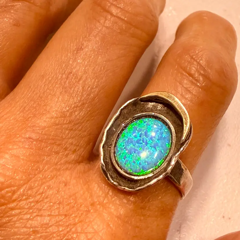 Handmade Modernist Free Form Sterling Silver Opal Cabochon Ring Size 9, 4.5g