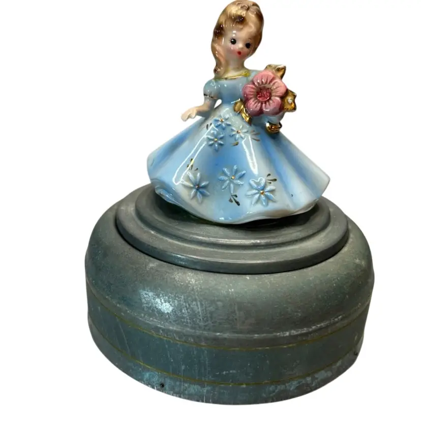 Josef Original October Birthday Month Girl In Blue Attached To Vintage 7x6 Footed Music Powder Boxes Works