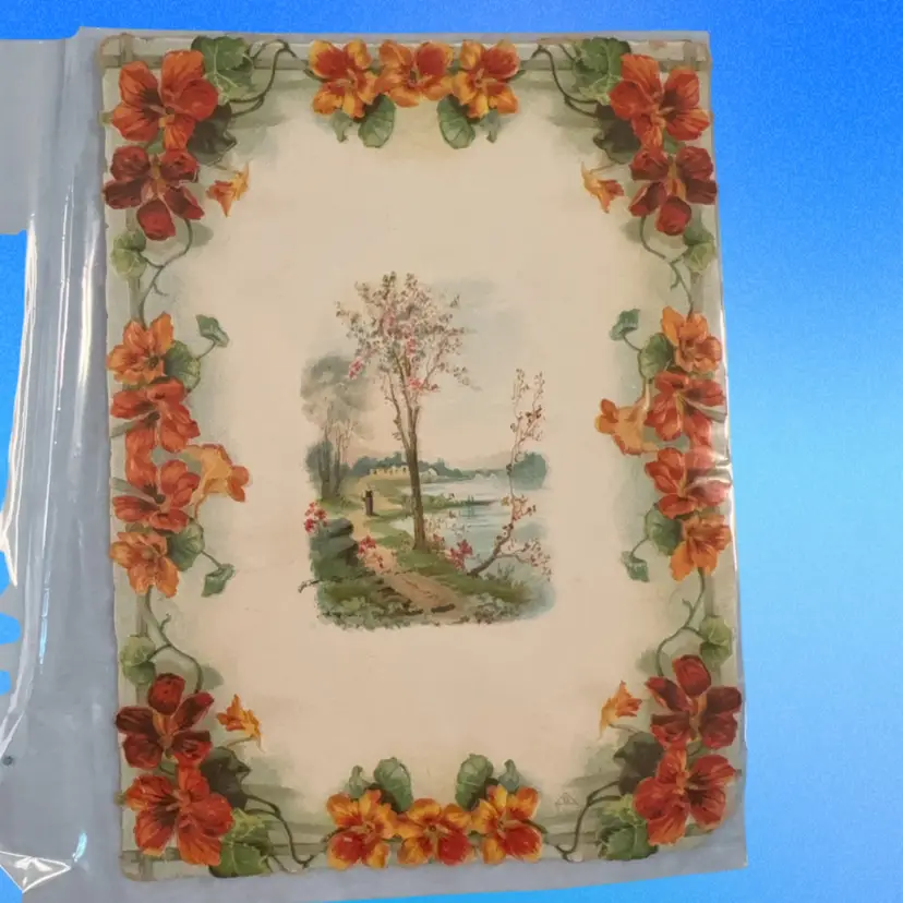 Vintage Victorian Card 8.5” X 6.5” With Orange Floral Design And Country Scene In Center. The Card Reads: To Thomas Kjelland Xmas Greetings From Your Teacher Lena Risten
