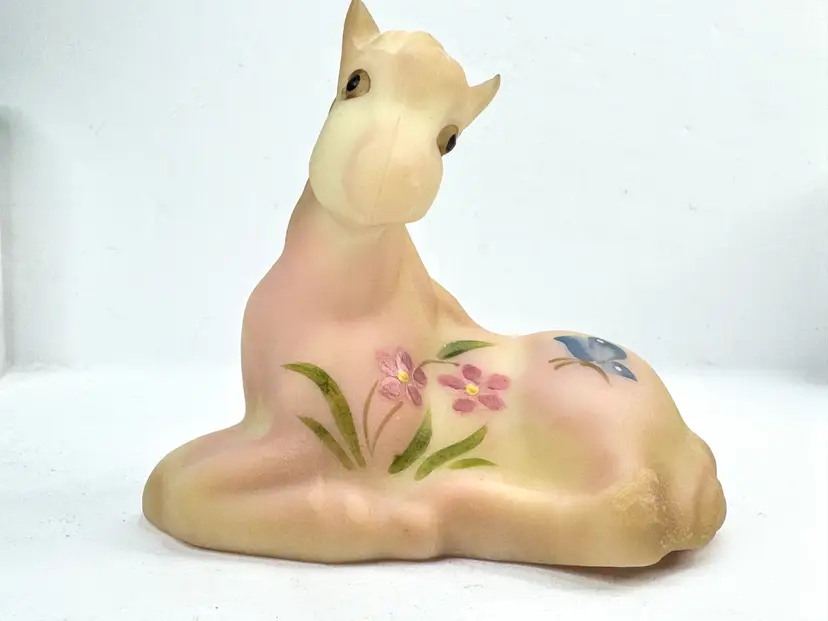 Vintage Fenton Burmese Satin Uranium Glass Hand Painted Foal Horse 5057-SS A1210