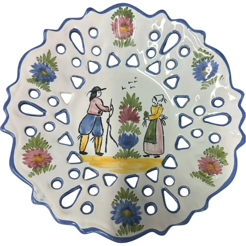 French Faience Quimper Couple Plate Folk Art Hand Painted 9.25”