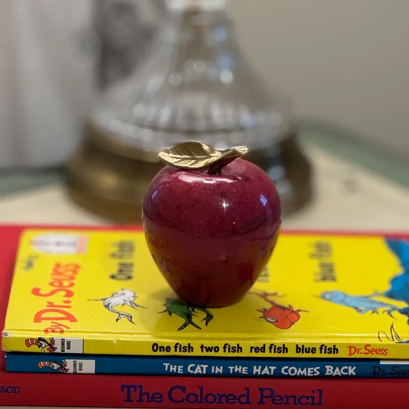 Vintage Red Marble Apple with Brass Leaf