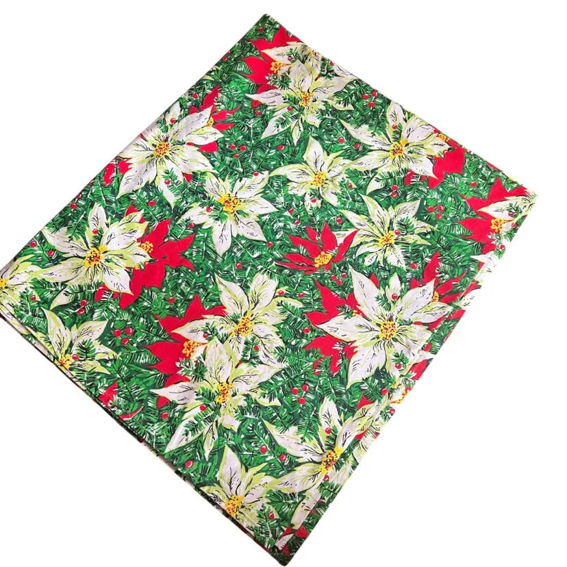 009 Vintage Cotton Poinsettia Hand Stitched 84" X 52" Christmas Tablecloth