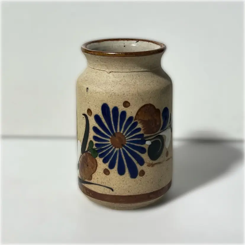 Vintage Tonalá Pottery Vase Mexican Folk Art Hand Crafted Sandstone Clay Signed E