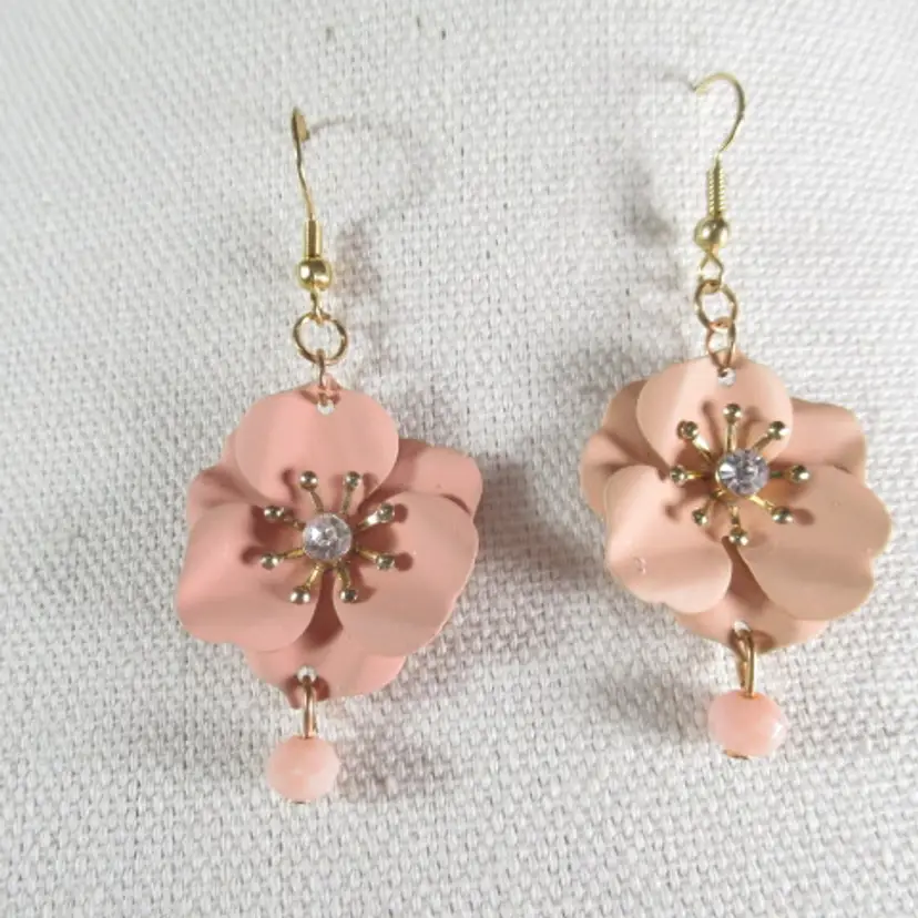 Pink Flower with rhinestone beaded earrings, handmade