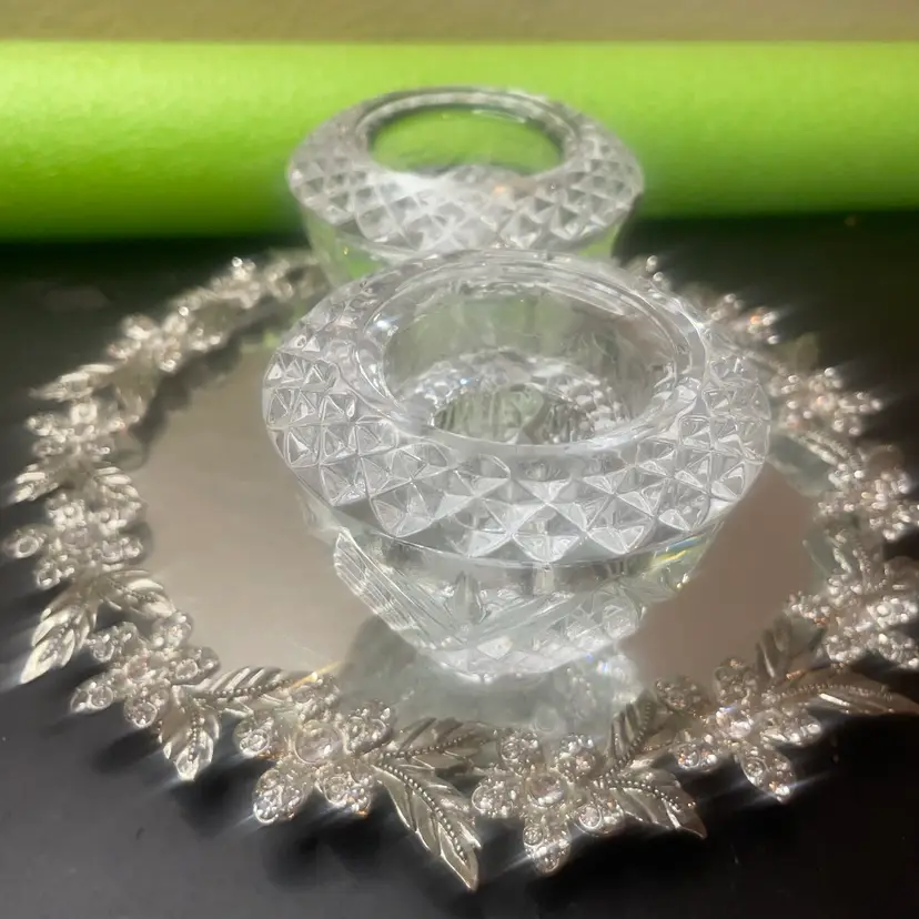 Pair of Cristal D Arques France Diamond Cut Crystal Votive Holders