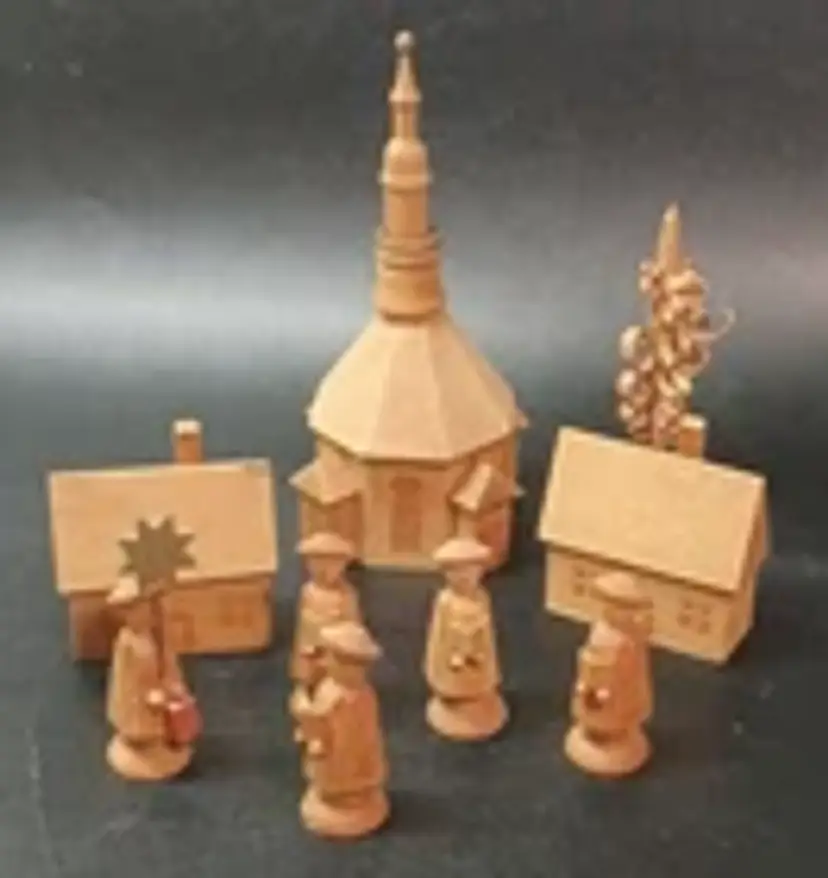 9 Piece VTG German Dominican Republic Wood Miniature Village Church Trees Chior