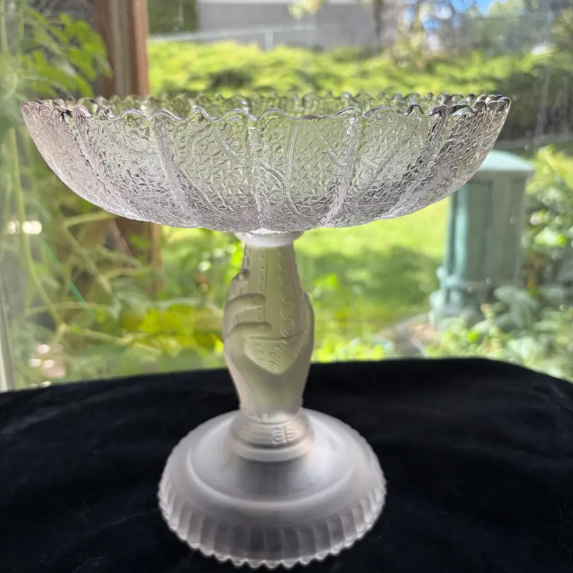 Antique 1879 EAPG Hobbs Brockunier Tree of Life with Hand Compote – 9" Centerpiece - UV Glow / High Manganese -small Chip On Rim - READ