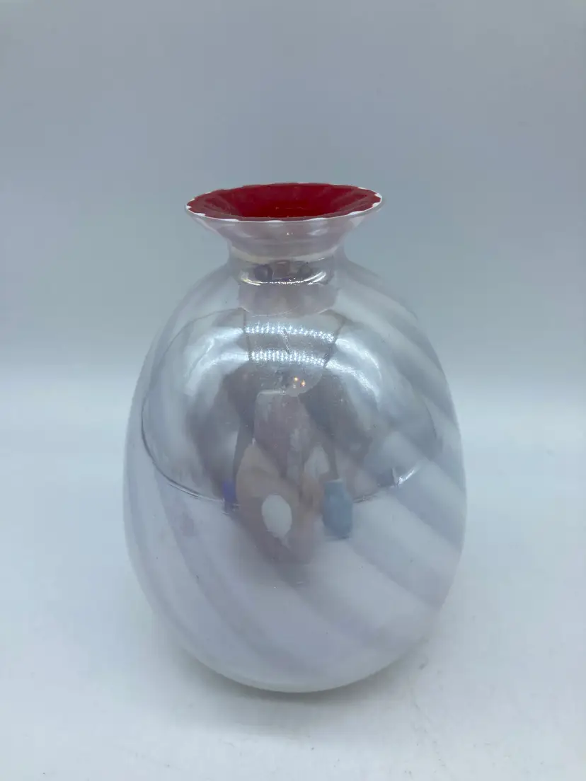 White Pearlized Swirl Striped Glass Vase with Red Interior