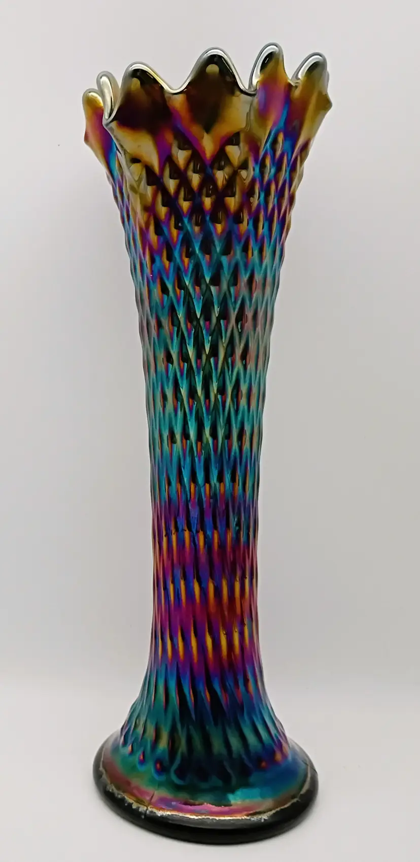 Antique Northwood Vase ~ Amethyst Carnival Glass ~ Electric Color Diamond Point