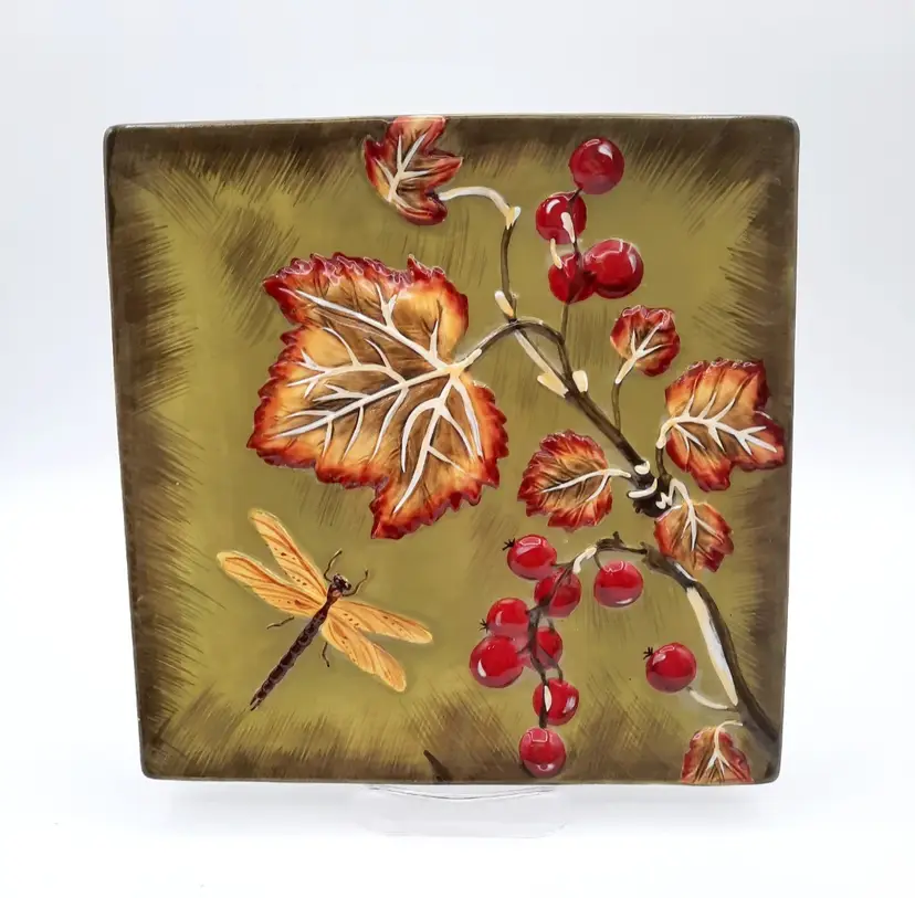 Fall Leaf Berry Dragonfly Square Plate MWW Market Wall Decor