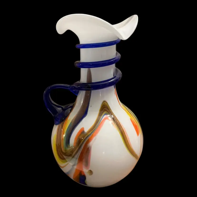 HB Art Glass Vase w/Applied Cobalt Blue Handle 6.5” x 4”