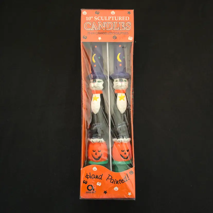 Halloween Cat Taper Candles Pumpkin Jack O Lantern Wizard 10" amscan 1990's Vintage