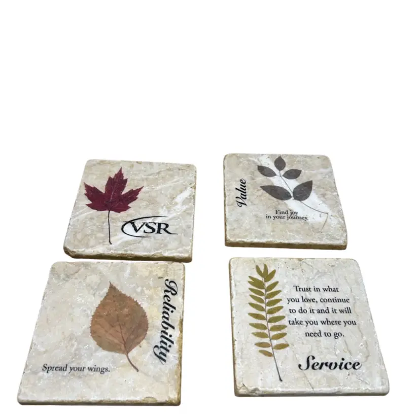 Set Of 4 Studio Vertu Tumbled Marble Coasters Different Leaves Found In The Woods Each Coaster 4x4