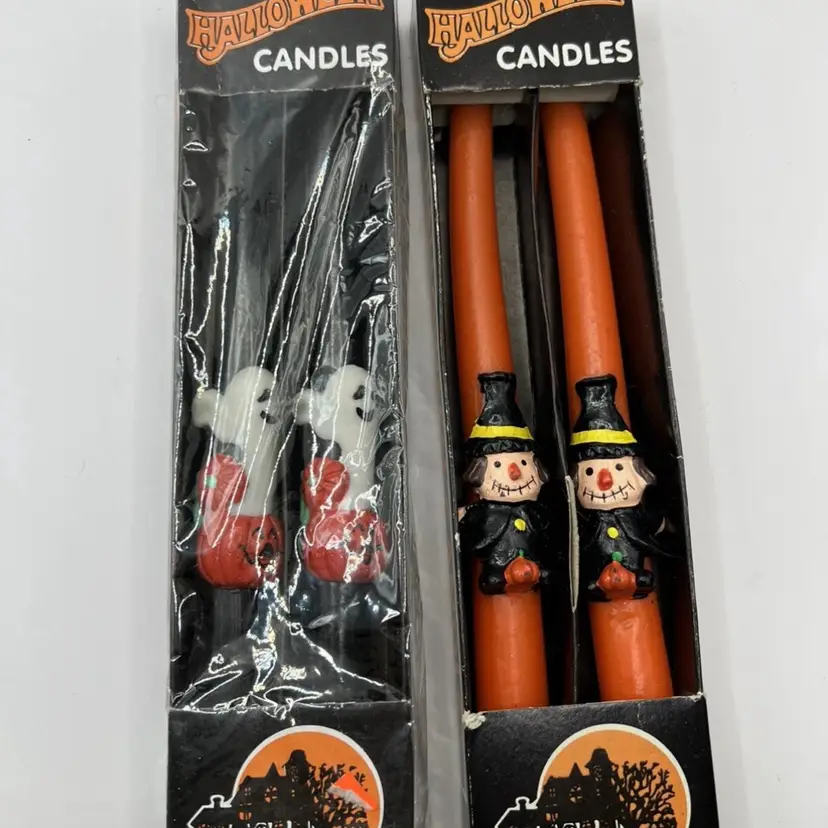 Set of 2 VINTAGE HALLOWEEN Taper CANDLES Ghosts Pumpkins Scarecrows Decor NIB