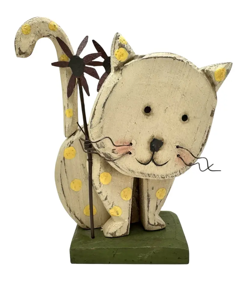 Primitive Style Wood Block Sculpture Figurine Cat Metal Flowers Polka Dots 7.5”