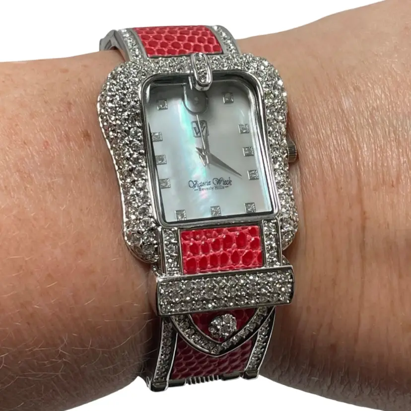 #12 - Victoria Wieck Double-hinge Watch Womens 32mm Silver Crystal MOP Dial Red - New Battery