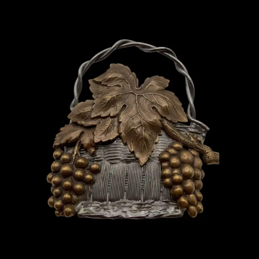 Vintage Silver washed Pewter & Copper Repousse Fall Grape Leaves & Vine Pin - 3”