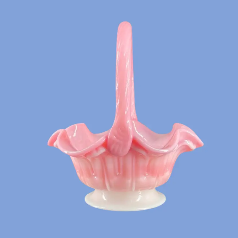 #221- Vintage Fenton Basket Rosalene Pink White Ruffled Art Glass Twist Handle "Lambs Tongue" Pattern Signed Bill Fenton & Fenton Mark       UV Reactive
