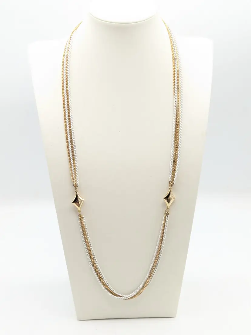 Vintage Gold Tone and White Chain Layered Necklace with Diamond Shape Stations