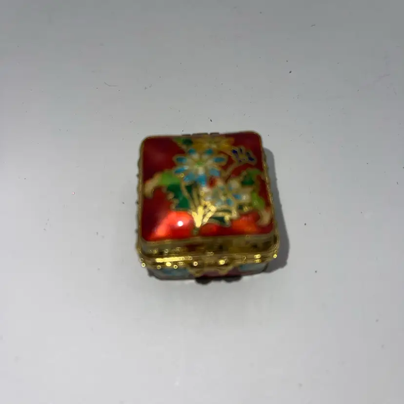 02-cloisonné And Enamel Square Trinket Box Copper Base Color With Floral Design One And A Quarter Inches