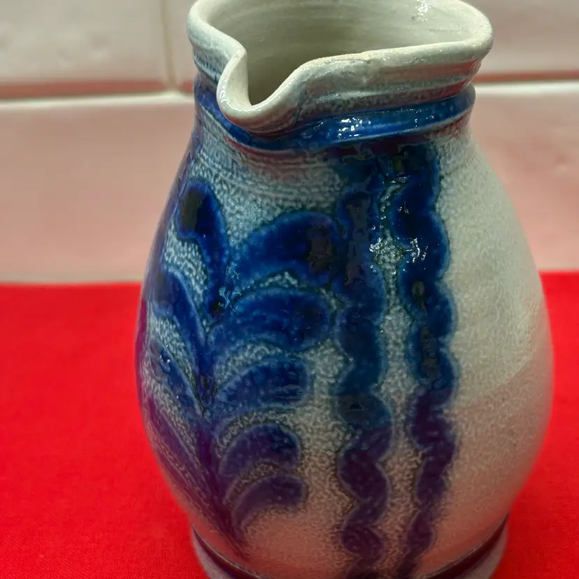 W. German Pottery Pitcher - Blue & Ivory Gray Salt Glaze - WEST GERMANY - 5.5