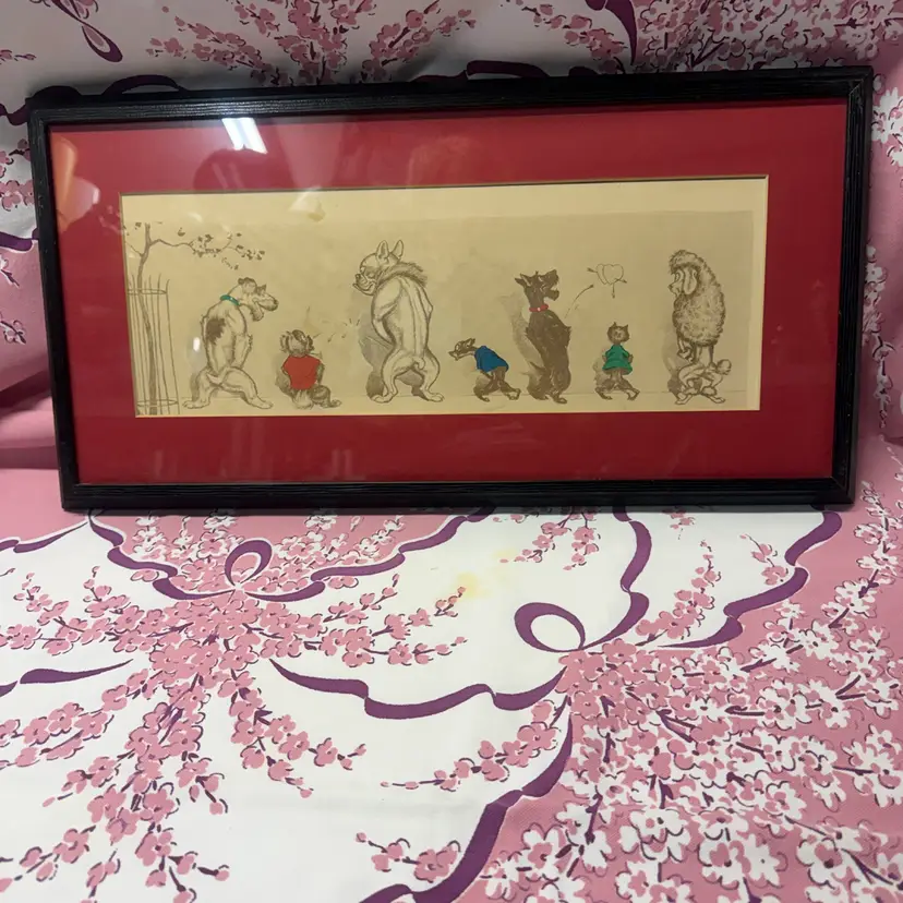 Vintage Black Framed Red Mat Boris O’Klein “Dirty Dogs of Paris” Print 23”