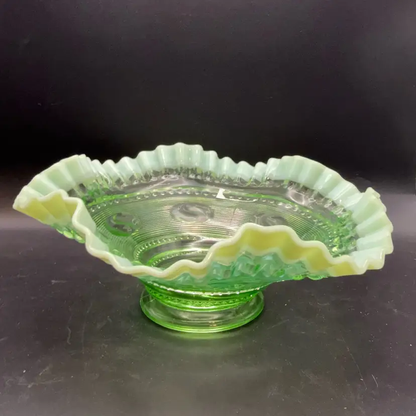 Antique Jefferson Glass Green Opalescent Ruffled Footed Bowl - 9 In