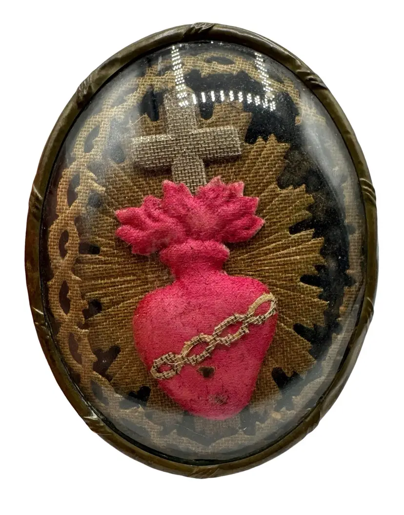 Antique French Reliquary Ex Voto Sacred Heart Bubble Glass Oval 1900 France 3.5”