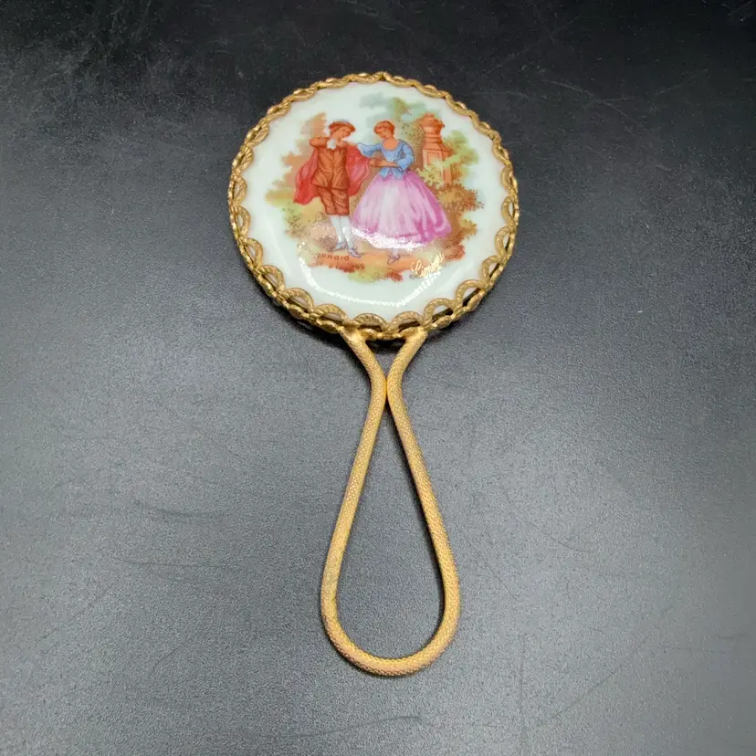 Limoges Fragonard Courting Couple Vanity Hand Mirror