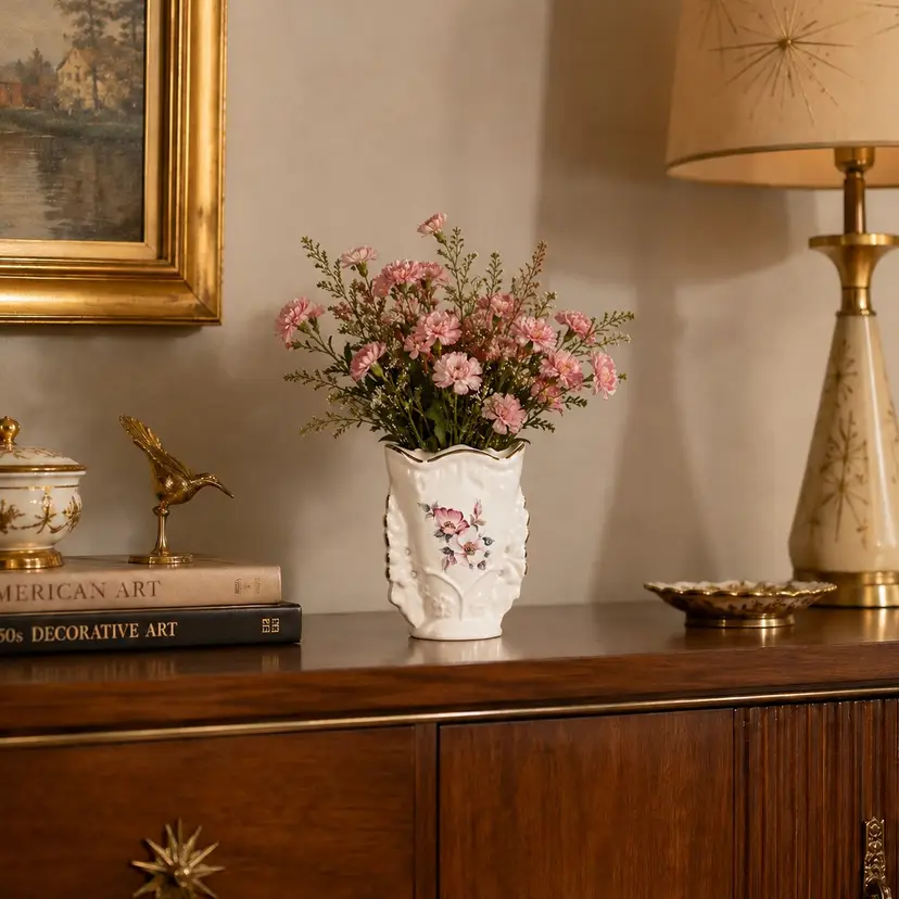 Vintage House of Webster Fan Vase Featuring the "Wild Briar Rose" Pattern with Gold Trim