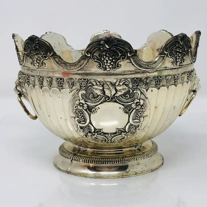 Silver Plate Grape Motif Monteith Bowl with Lion Head Handles