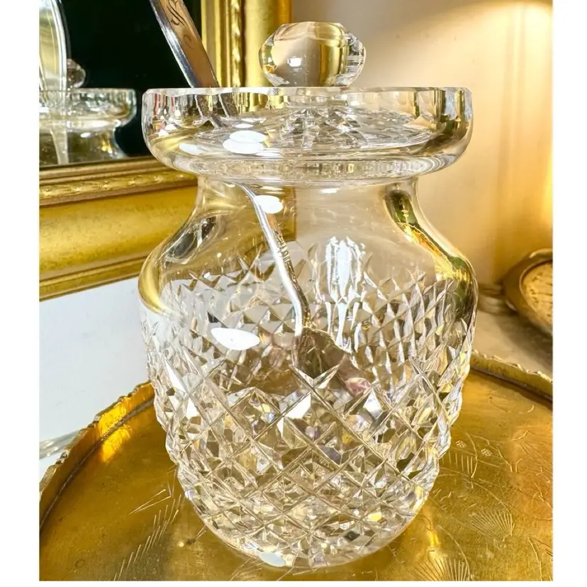 😻 4.5” Waterford Crystal condiment or jam pot in the Alana pattern w/silver plate 1847 Rogers Bros spoon