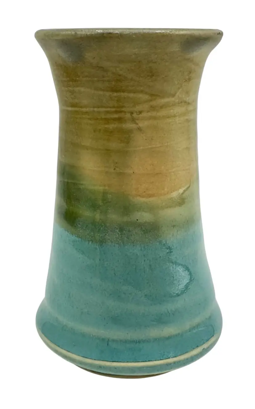 Signed Studio Art Pottery Mini Small Bud Vase Olive Green Blue 4”