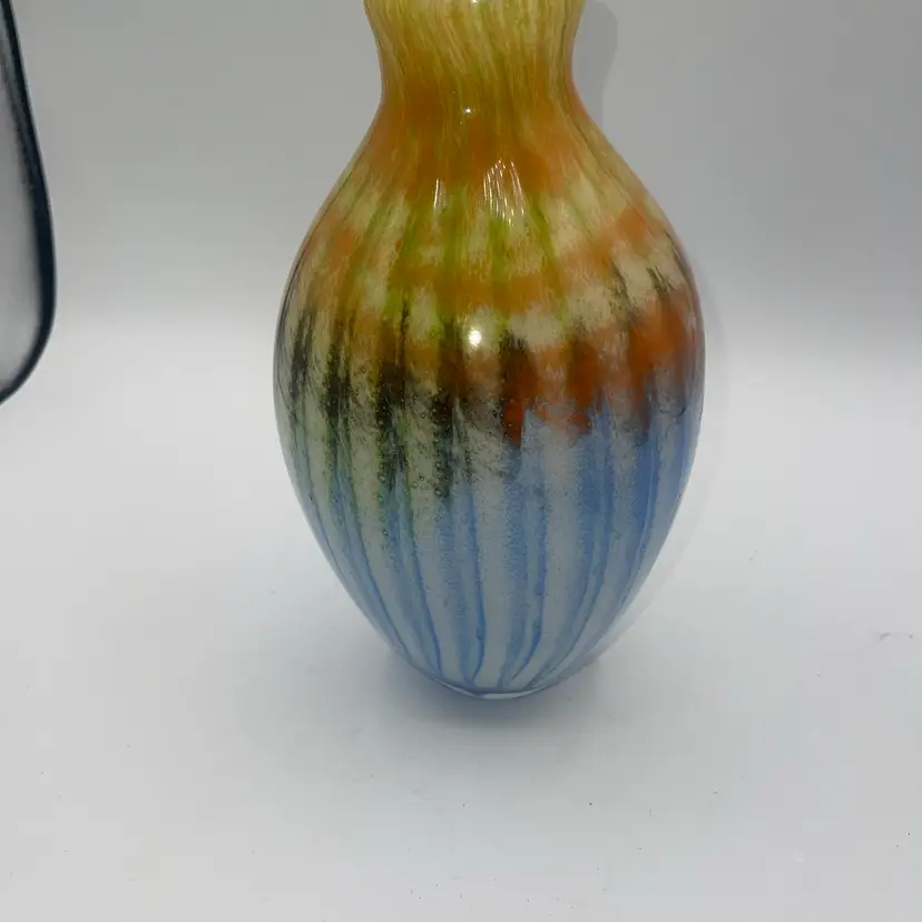 Art Glass Vase 9” Tall Blue Yellow Orange