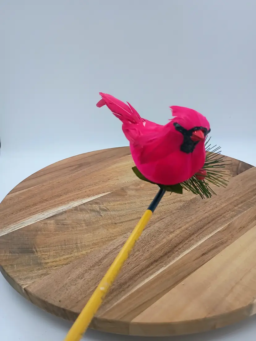 Clip On Real Feather Cardinal Bird on Pine Branch Ornament 5"