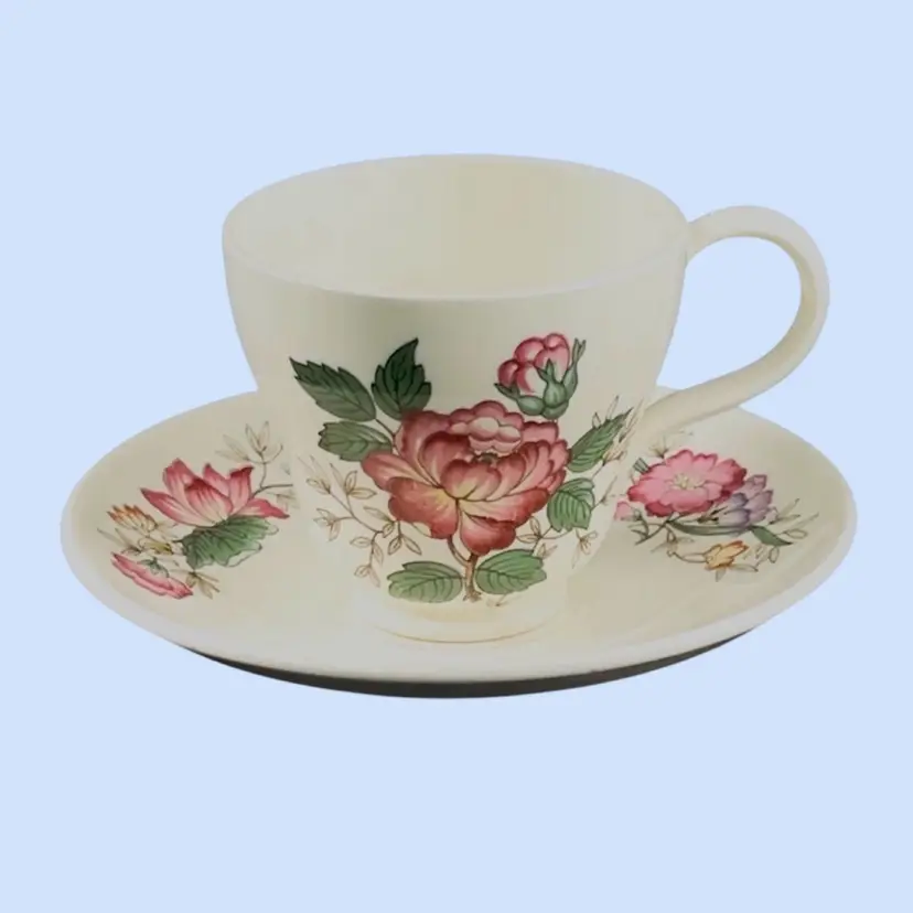 #479- Vintage Wedgwood Tea Cup & Saucer“Charnwood” Pattern Peonies & RosesBy Wedgwood of Etruria & BaplastorEngland 1949 Bone China