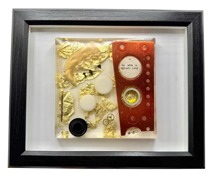 Signed Framed Resin Art Assemblage Jaw Bone Exploded Clock Gold Curiosity Oddity