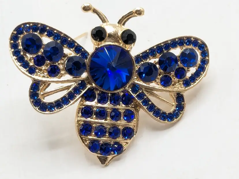 Gold Tone Blue Crystal Rhinestone Bee Brooch NWOT