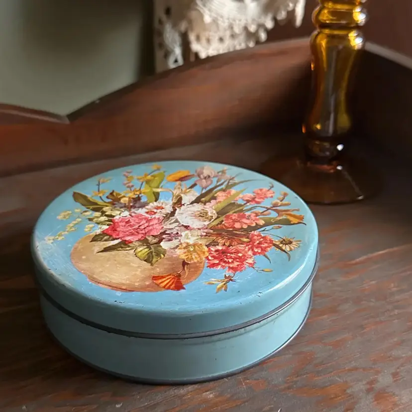 Vintage Blue Floral Tin Box | Painted Metal Keepsake