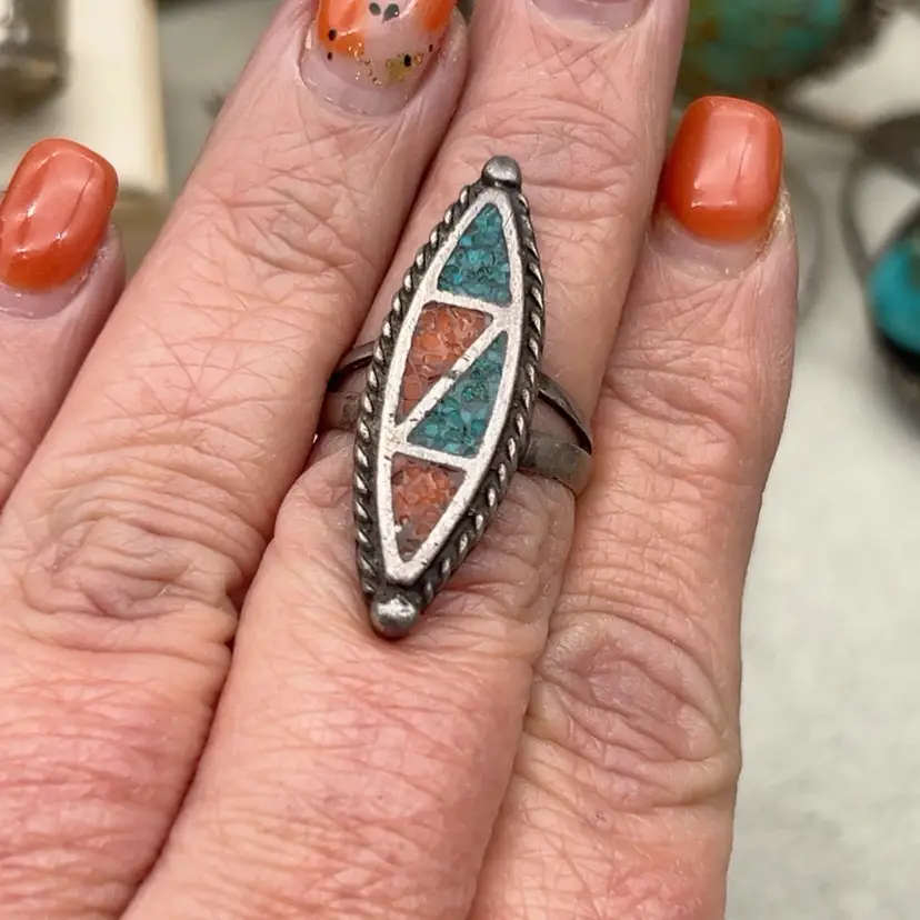 #01 Vintage Native American Sterling Silver Turquoise Coral Inlay Ring Size 6